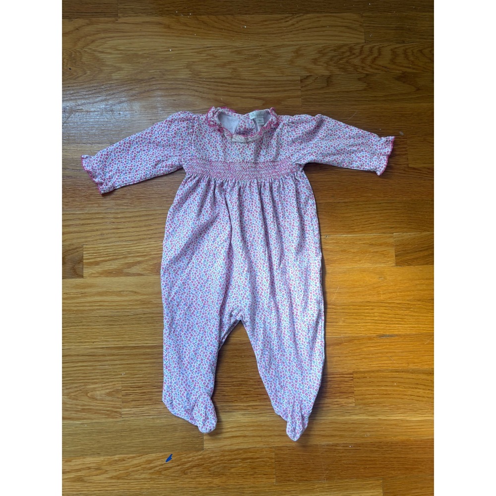 Kissy Kissy Pink Floral Smocked Pima Cotton Footie Sleeper 9M Ruffle Trim Peru